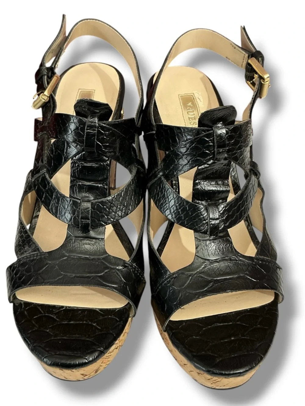 Guess Black Faux-Snakeskin Cork Wedge Sandals